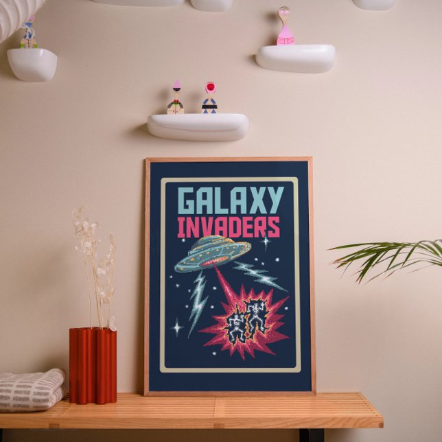 Retro Pixel Art Neon Pink and Teal Galaxy Invaders Poster (Creator Uploaded)