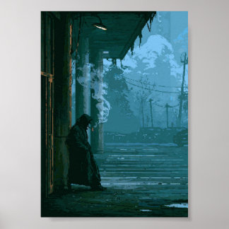 Retro Pixel Art Noir Officer Smoking Poster