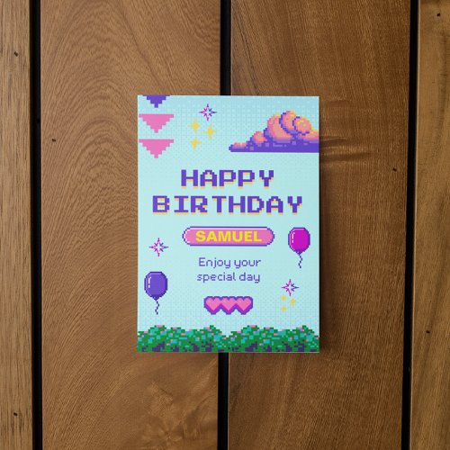 Retro Pixel Blue Purple Birthday B_Day Invitation