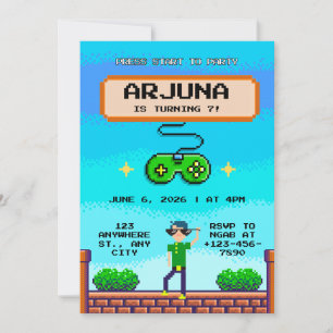 Retro Pixel Video Game Birthday Invitation QR