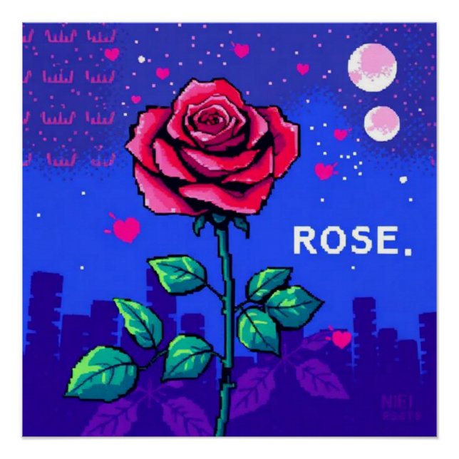 Retro pixelated rose poster (Front)