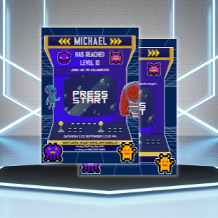 Retro Pixels Video Game Arcade Birthday Party Invitation
