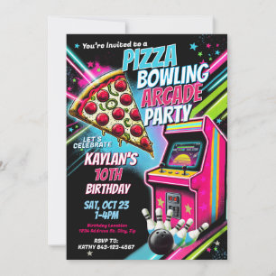 Retro Pizza Gaming Bowling Party Invite for Kids