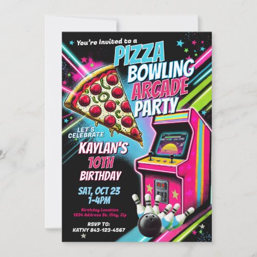 Retro Pizza Gaming Bowling Party Invite for Kids