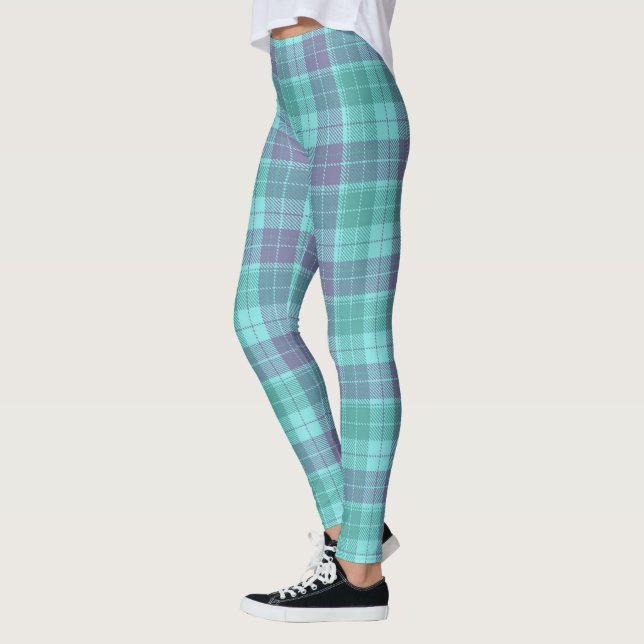 Retro Plaid Aqua Blue Purple Art Leggings (Left)