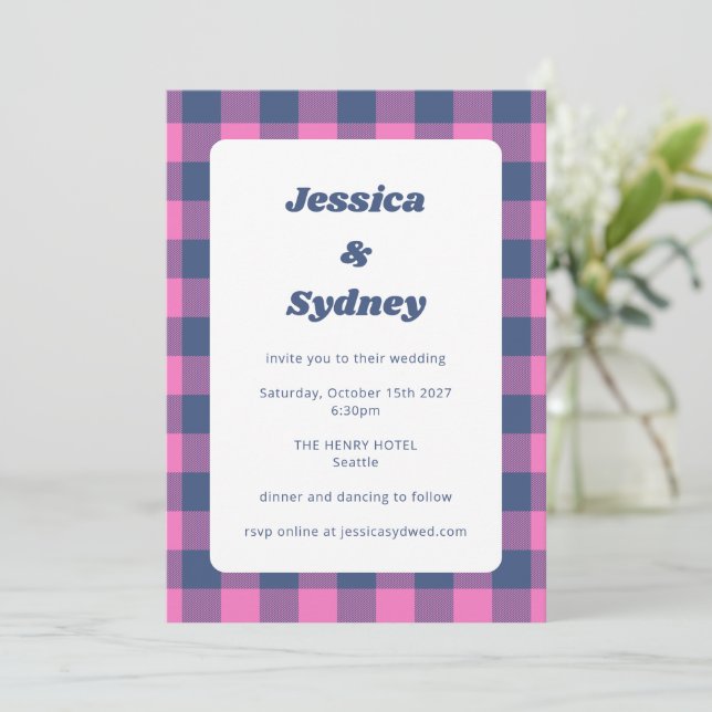 Retro Plaid Checkered Purple and Navy Blue Wedding Invitation (Standing Front)
