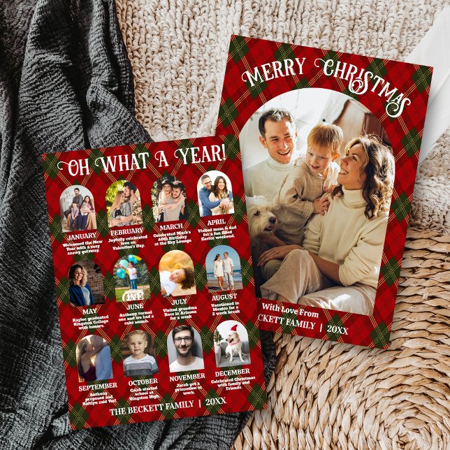 Retro Plaid Oh What A Year In Review 12 Photo Arch Holiday Card (Creator Uploaded)