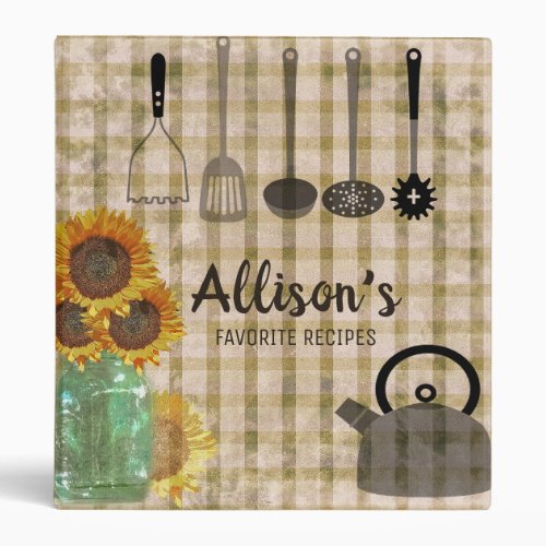 Retro Plaid Sunflowers and  Mason Jar Cookbook 3 Ring Binder