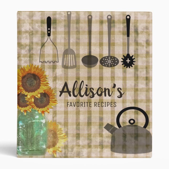 Retro Plaid Sunflower's and  Mason Jar Cookbook 3 Ring Binder (Front)