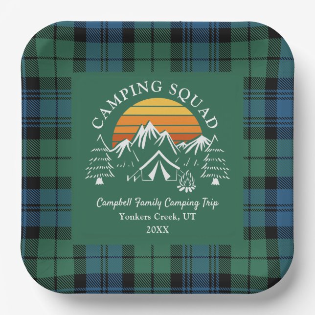 Retro Plaid Tartan Family Camping Squad Campbell Paper Plates (Front)