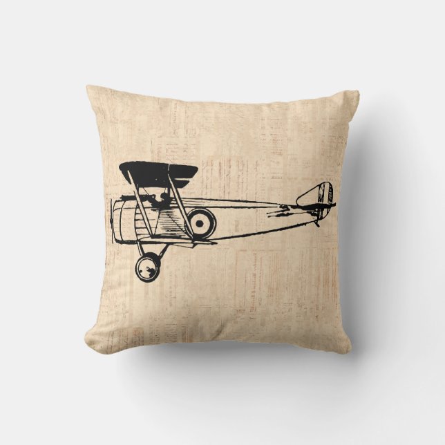 Retro Plane Illustrated Art Aviation Themed Throw Pillow (Front)