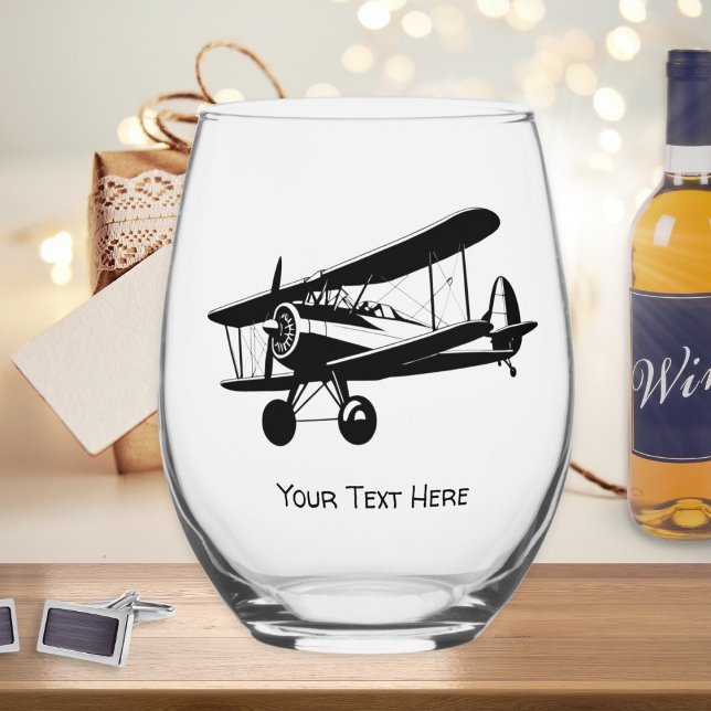 Retro Plane Silhouette Aircraft Custom Text Stemless Wine Glass (A stemless wine glass, with retro aeroplane picture and custom text, ideal for aircraft enthusiasts)