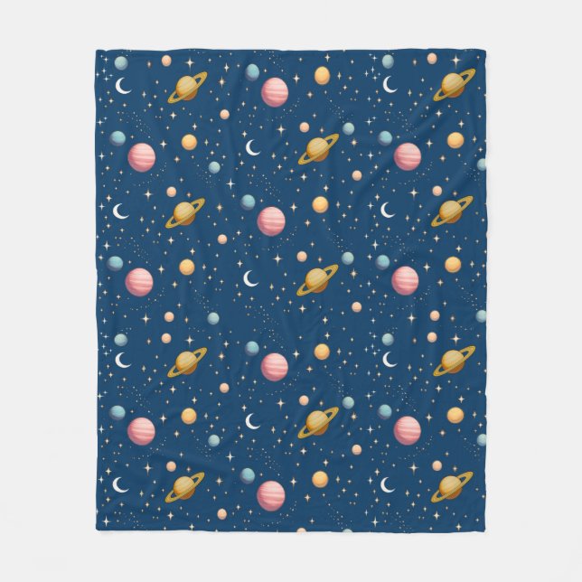 Retro Planets and Stars Pattern Fleece Blanket (Front)