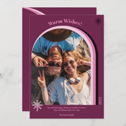 Retro plum arch warm wishes photo snowflake holiday card