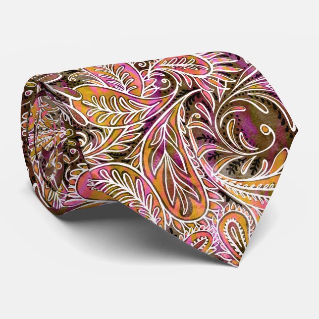 Retro Plum Pink Green Paisley Pattern Neck Tie (Rolled)