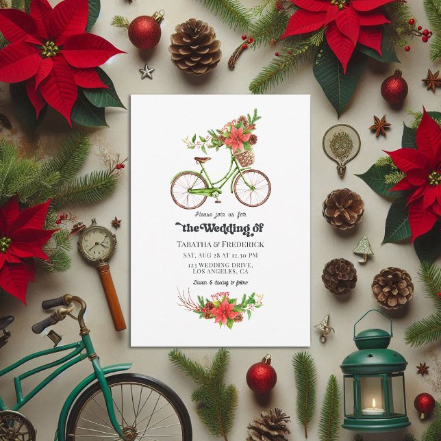 Retro Poinsettia Bicycle Christmas Holiday Wedding Invitation (Retro Poinsettia Bicycle Christmas Holiday Wedding Invitation)
