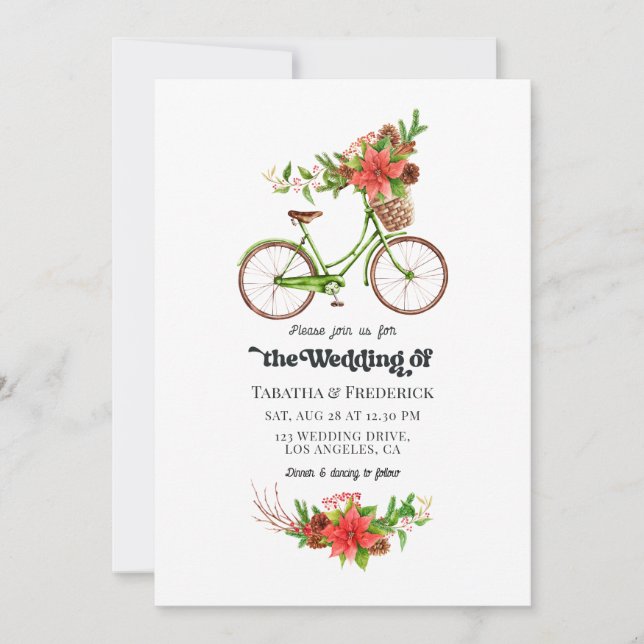 Retro Poinsettia Bicycle Christmas Holiday Wedding Invitation (Front)