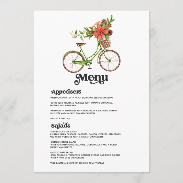 Retro Poinsettia Bicycle Christmas Holiday Wedding Menu (Front)