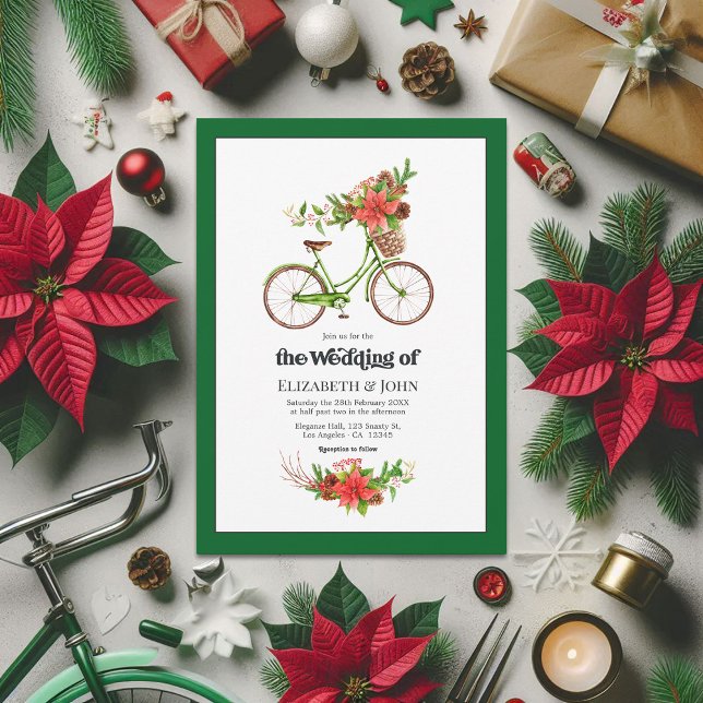 Retro Poinsettia Bicycle Christmas Wedding Invitation (Retro Poinsettia Bicycle Christmas Wedding Invitation)