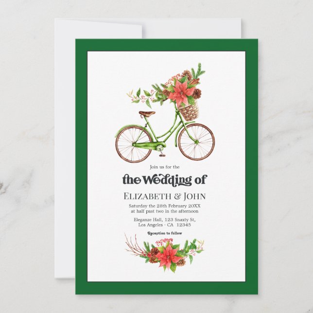 Retro Poinsettia Bicycle Christmas Wedding Invitation (Front)