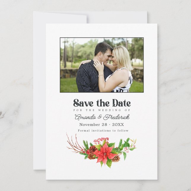 Retro Poinsettia Bicycle Christmas Wedding QR Code Save The Date (Front)