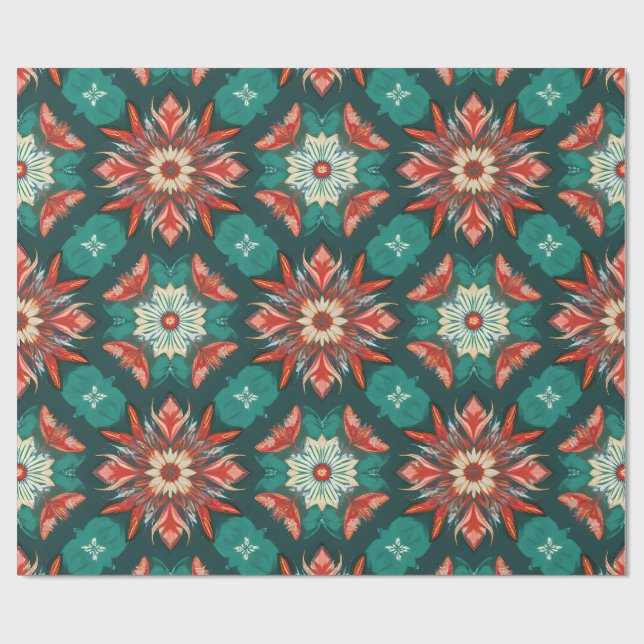 Retro Poinsettia Burst Christmas Pattern Wrapping Paper (Flat)