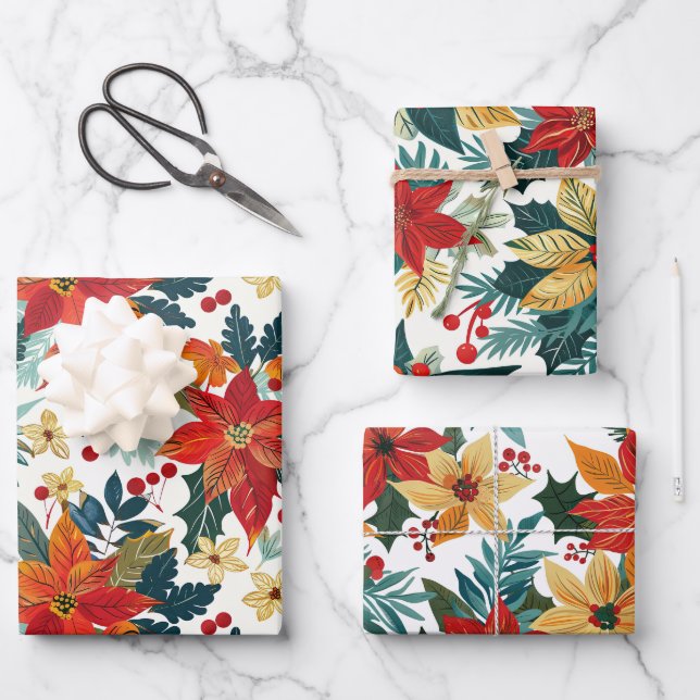 Retro Poinsettia Festive Christmas Wrapping Paper  (Front)