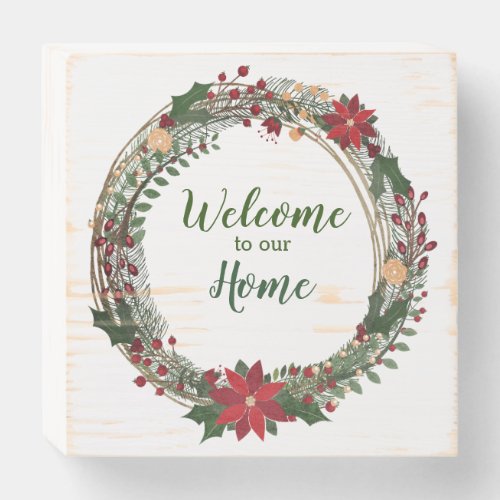Retro Poinsettia Holiday Welcome Wreath Wooden Box Sign