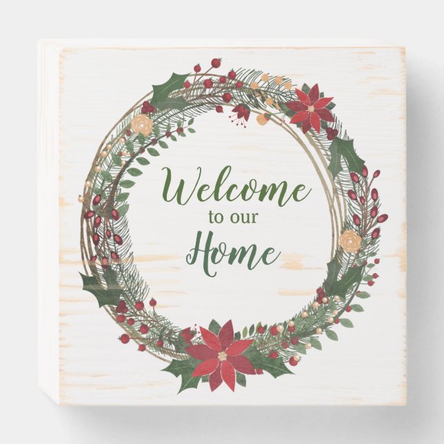 Retro Poinsettia Holiday Welcome Wreath Wooden Box Sign (Front Horizontal)