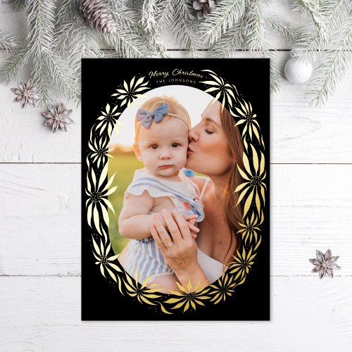 Retro Poinsettia Oval Frame Photo Foil Holiday Card