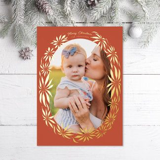 Retro Poinsettia Oval Frame Photo Red Foil Holiday Card