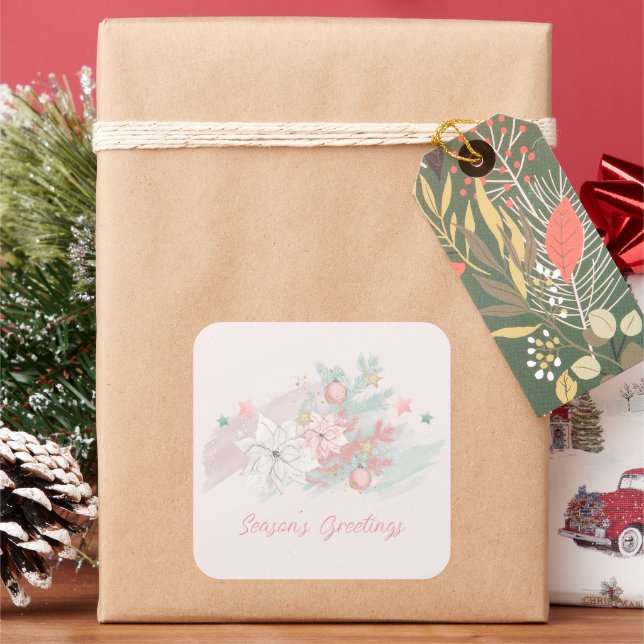 Retro Poinsettias Watercolor Pink and Green  Square Sticker (Holiday)