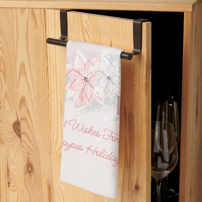Retro Poinsettias Watercolor Pink White Gifts Kitchen Towel (Thirds Fold)