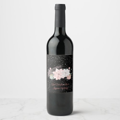 Retro Poinsettias Watercolor Pink White Gifts Wine Label