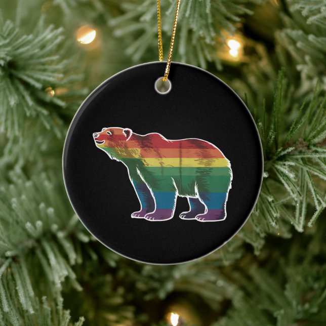 Retro Polar Bear Rainbow Lesbian LGBT Gay Pride Ceramic Ornament (Tree)