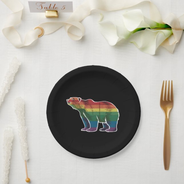 Retro Polar Bear Rainbow Lesbian LGBT Gay Pride Paper Plates (Wedding)