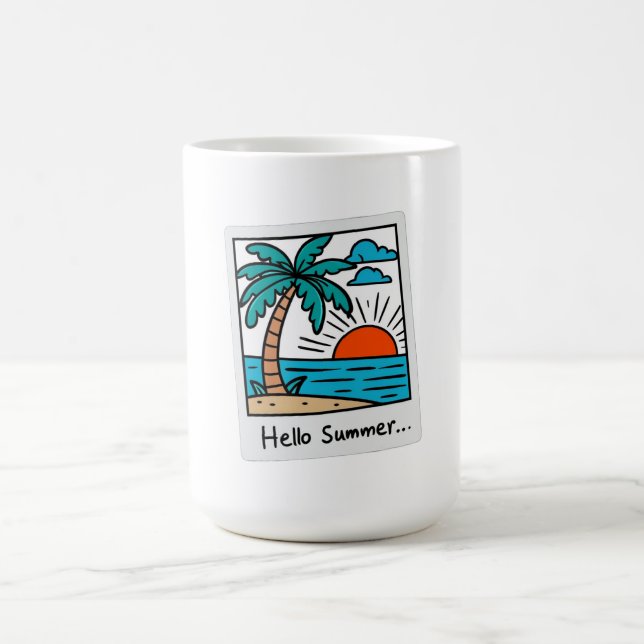 Retro Polaroid Hello Summer Tropical Beach Sunset  Coffee Mug (Center)