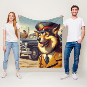 Retro Police Dog Painting Fleece Blanket