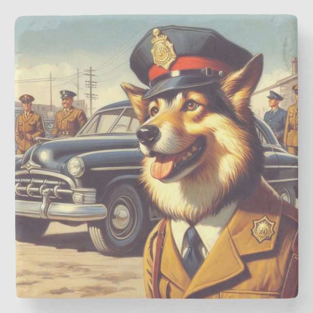 Retro Police Dog Painting Stone Coaster (Front)