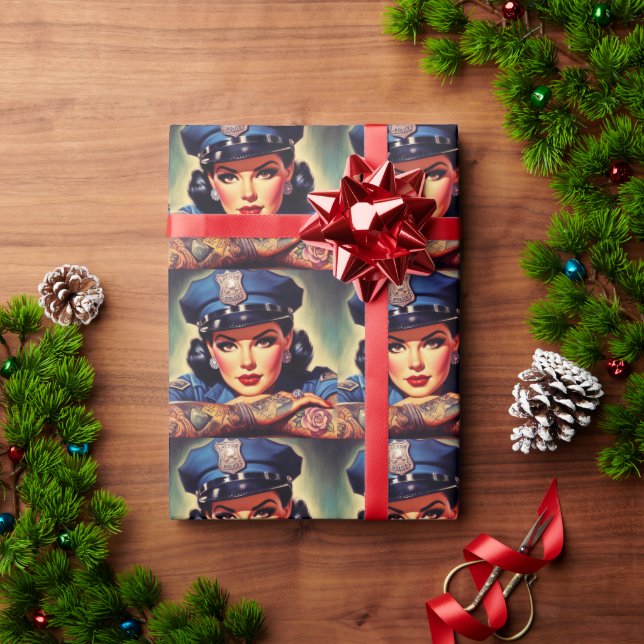 Retro Policewoman Wrapping Paper (Holiday Gift)