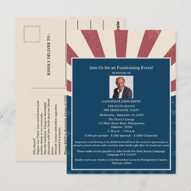 Retro Political Campaign Fundraising Invitation Postcard (Front/Back)