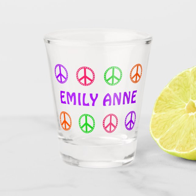Retro Polka Dot Peace Symbols Personalized Shot Glass (Front)