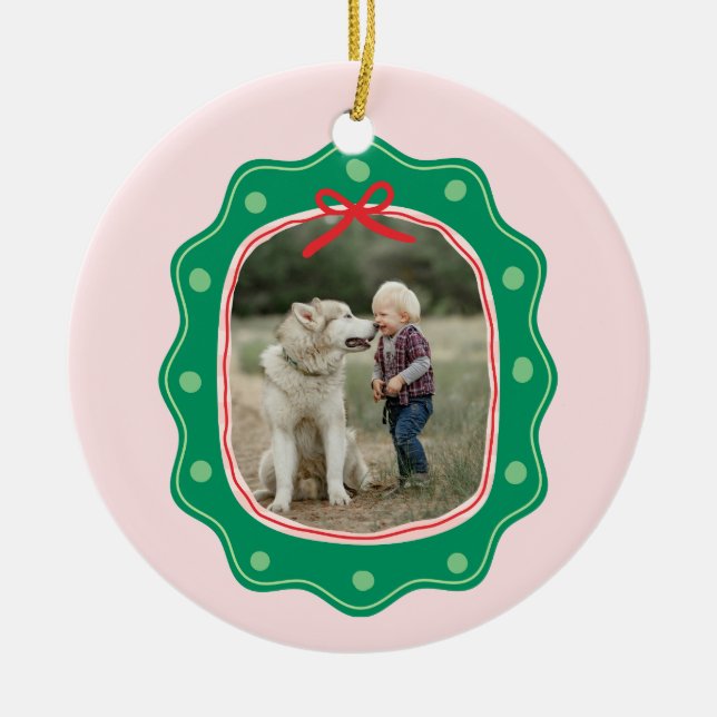 Retro Polka Dot Picture Frame Christmas Ceramic Ornament (Front)