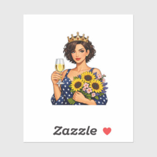 Retro Polka Dot Queen White Wine & Sunflower Stick Sticker