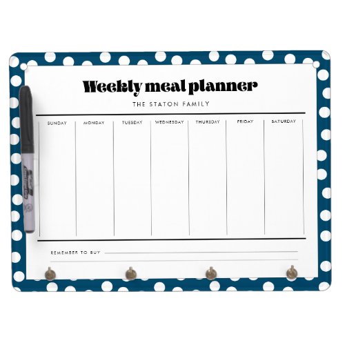 Retro polka dot weekly meal planner dry erase board with keychain holder