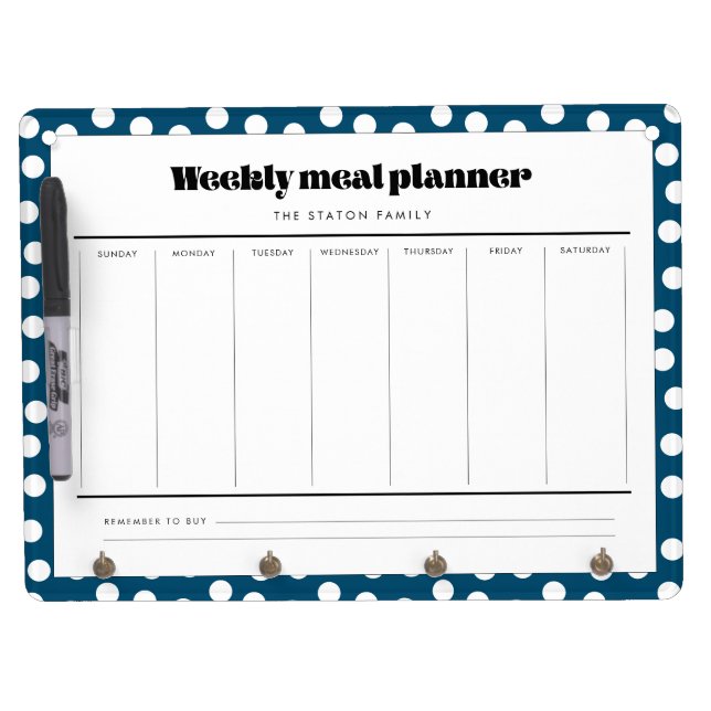 Retro polka dot weekly meal planner dry erase board with keychain holder (Front)