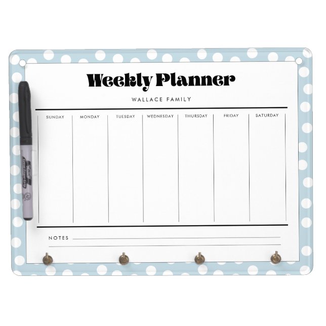 Retro polka dot weekly planner dry erase board with keychain holder (Front)