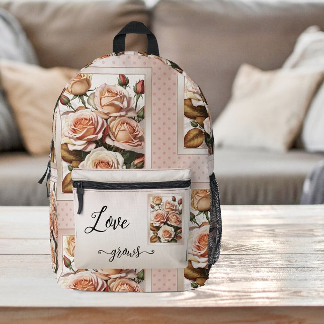 Retro Polka Dots Pink Love Painted Roses Printed Backpack (Backpack featuring a retro pattern design with pretty painted roses on blush pink polka dots)