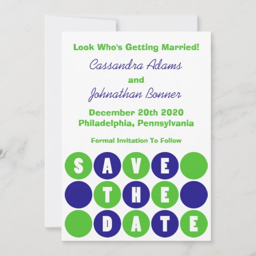 Retro Polka Dots Save The Date (Navy Blue / Green) Custom Invitation