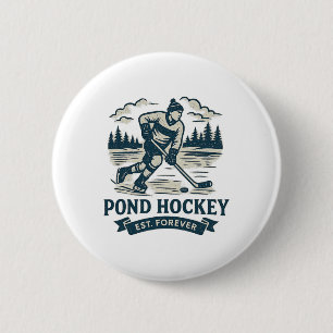 Retro Pond Hockey Player Frozen Lake Winter Button